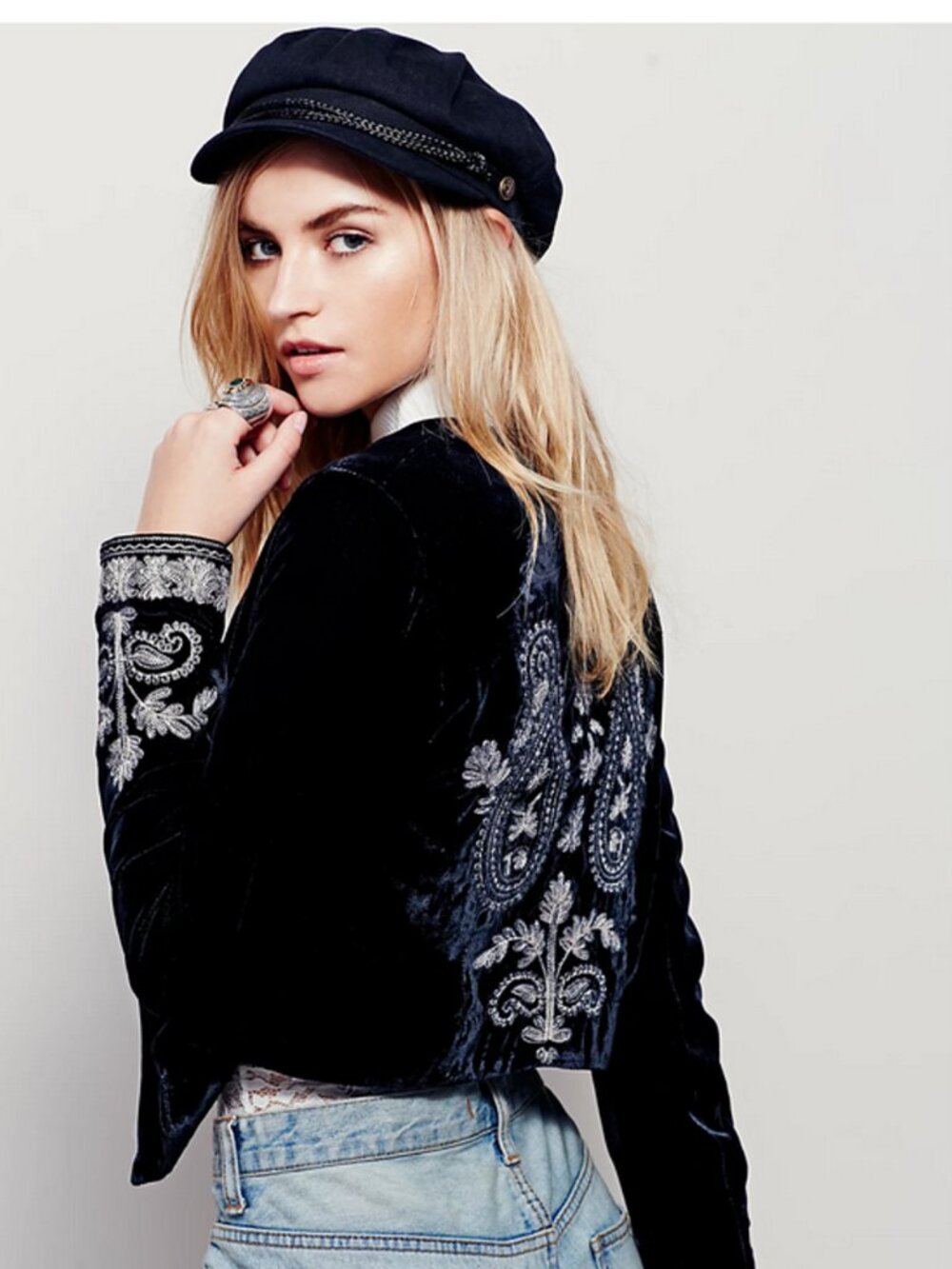 Free People Rare Black Velvet Embroidered Jacket Size S